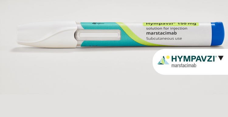 Image of the HYMPAVZI (Marstacimab) pen. Nt actual size. HYMPAVZI logo overlay on top.