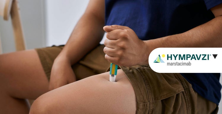 Actor portrayal of a male patient injecting the HYMPAVZI pen into their thigh. Logo overlay on top.
