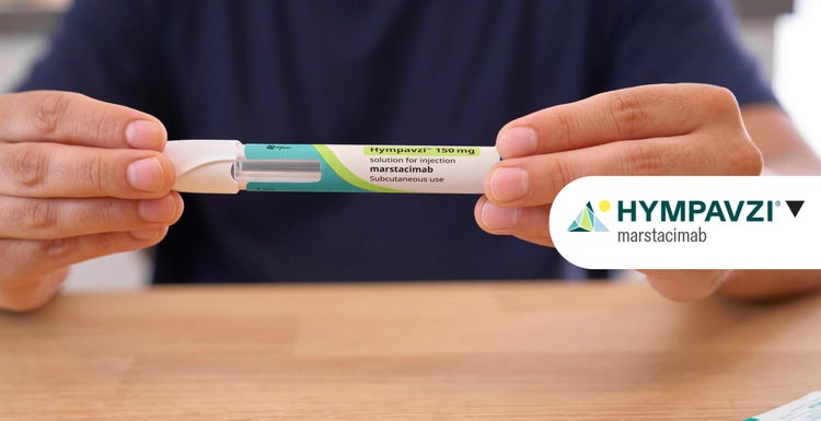 Actor portrayal of patient holding up the HMYPAVZI pen. Taken from the IFU video. Logo overlay on top.